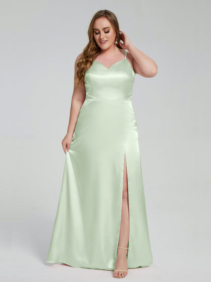 Adelyn Split Plus Size Soft Satin Long Bridesmaid Dresses
