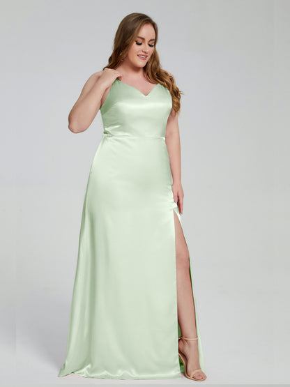 Adelyn Split Plus Size Soft Satin Long Bridesmaid Dresses