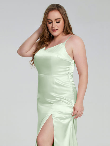 Adelyn Split Plus Size Soft Satin Long Bridesmaid Dresses