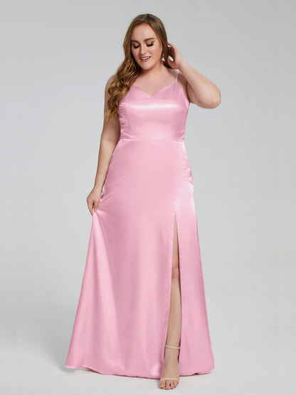 Adelyn Split Plus Size Soft Satin Long Bridesmaid Dresses