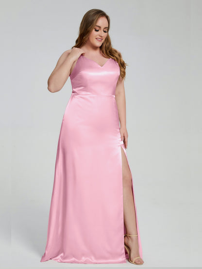Adelyn Split Plus Size Soft Satin Long Bridesmaid Dresses