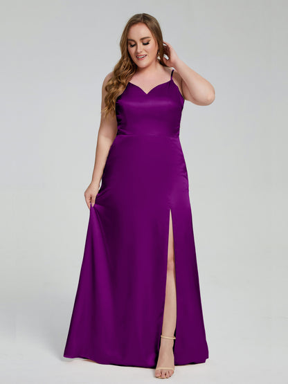 Adelyn Split Plus Size Soft Satin Long Bridesmaid Dresses