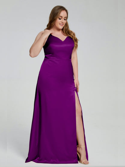 Adelyn Split Plus Size Soft Satin Long Bridesmaid Dresses