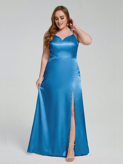 Adelyn Split Plus Size Soft Satin Long Bridesmaid Dresses