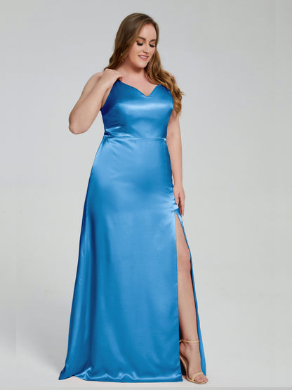 Adelyn Split Plus Size Soft Satin Long Bridesmaid Dresses
