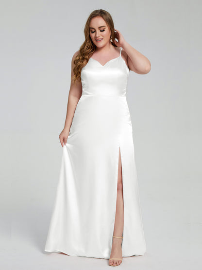 Adelyn Split Plus Size Soft Satin Long Bridesmaid Dresses