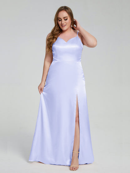 Adelyn Split Plus Size Soft Satin Long Bridesmaid Dresses