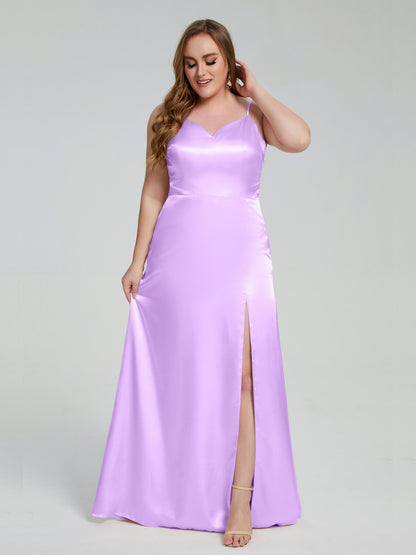 Adelyn Split Plus Size Soft Satin Long Bridesmaid Dresses