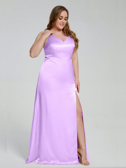 Adelyn Split Plus Size Soft Satin Long Bridesmaid Dresses