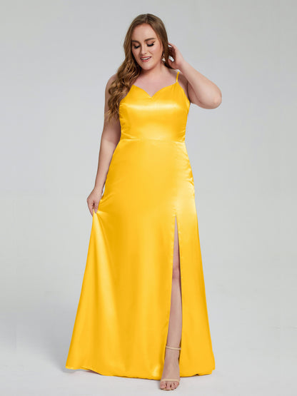 Adelyn Split Plus Size Soft Satin Long Bridesmaid Dresses