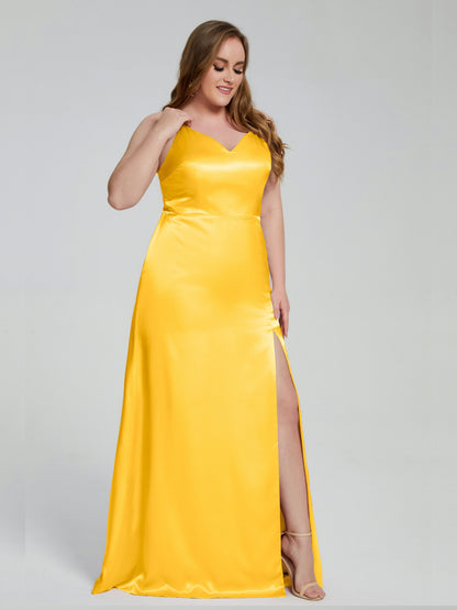 Adelyn Split Plus Size Soft Satin Long Bridesmaid Dresses