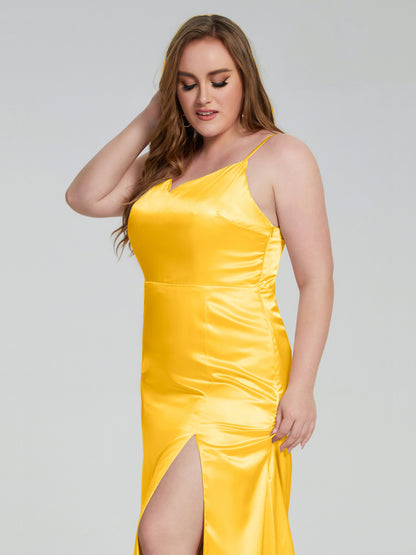 Adelyn Split Plus Size Soft Satin Long Bridesmaid Dresses