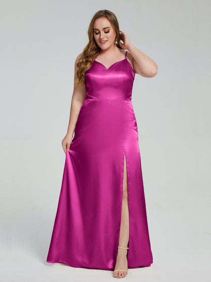 Adelyn Split Plus Size Soft Satin Long Bridesmaid Dresses