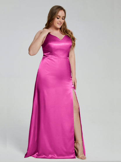 Adelyn Split Plus Size Soft Satin Long Bridesmaid Dresses