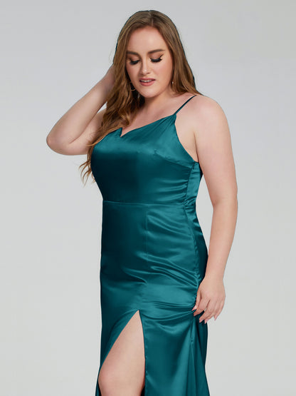 Adelyn Split Plus Size Soft Satin Long Bridesmaid Dresses