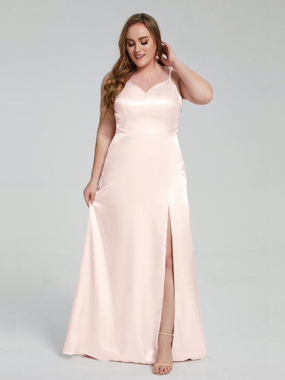 Adelyn Split Plus Size Soft Satin Long Bridesmaid Dresses