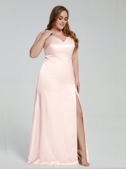 Adelyn Split Plus Size Soft Satin Long Bridesmaid Dresses