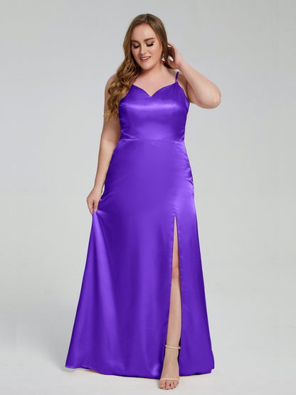 Adelyn Split Plus Size Soft Satin Long Bridesmaid Dresses