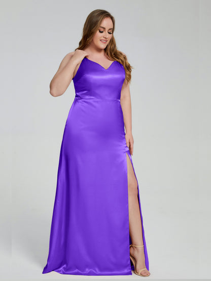 Adelyn Split Plus Size Soft Satin Long Bridesmaid Dresses