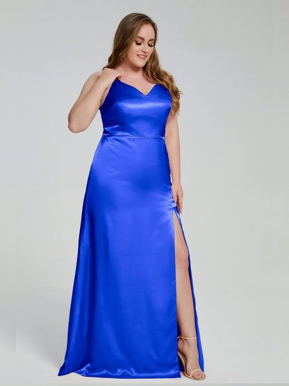 Adelyn Split Plus Size Soft Satin Long Bridesmaid Dresses
