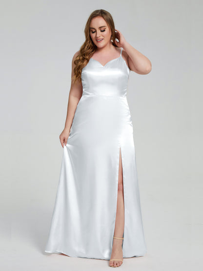 Adelyn Split Plus Size Soft Satin Long Bridesmaid Dresses