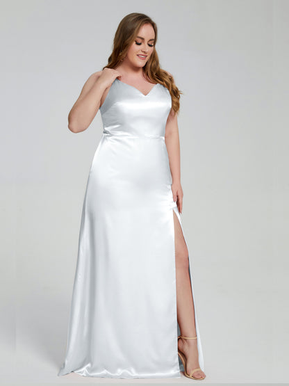 Adelyn Split Plus Size Soft Satin Long Bridesmaid Dresses