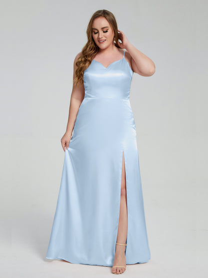 Adelyn Split Plus Size Soft Satin Long Bridesmaid Dresses