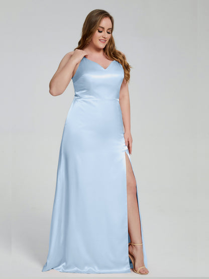 Adelyn Split Plus Size Soft Satin Long Bridesmaid Dresses