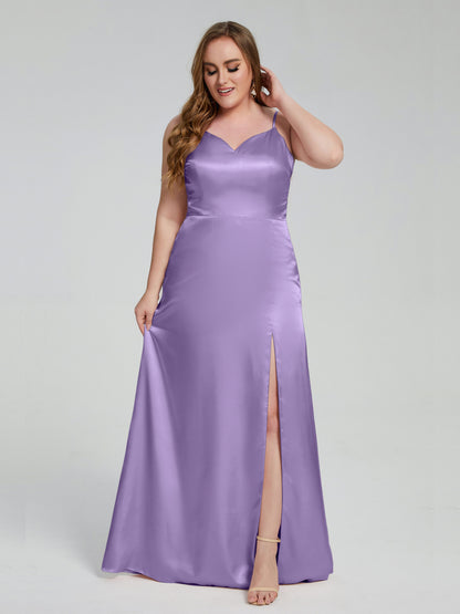 Adelyn Split Plus Size Soft Satin Long Bridesmaid Dresses