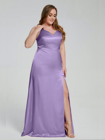 Adelyn Split Plus Size Soft Satin Long Bridesmaid Dresses