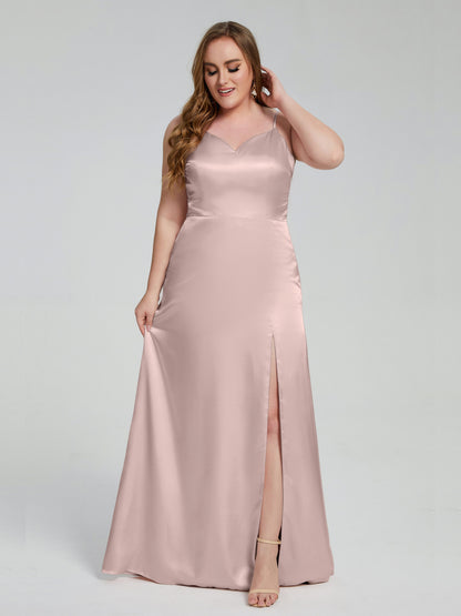 Adelyn Split Plus Size Soft Satin Long Bridesmaid Dresses