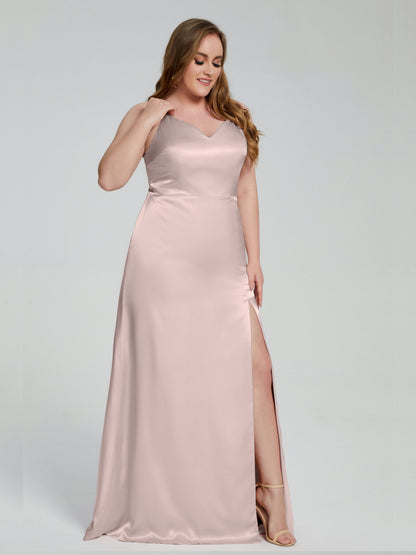 Adelyn Split Plus Size Soft Satin Long Bridesmaid Dresses