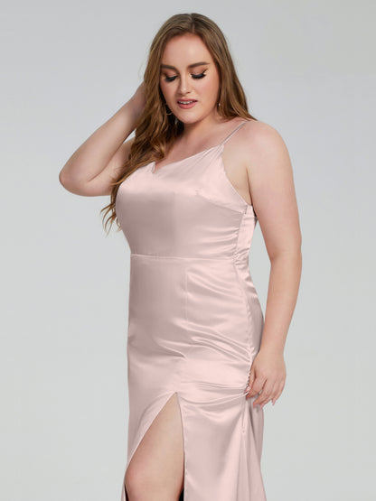 Adelyn Split Plus Size Soft Satin Long Bridesmaid Dresses