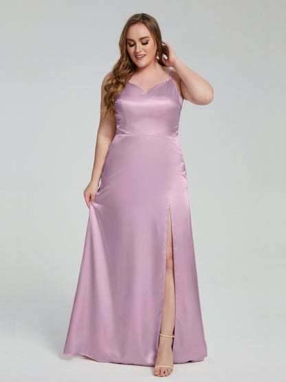 Adelyn Split Plus Size Soft Satin Long Bridesmaid Dresses