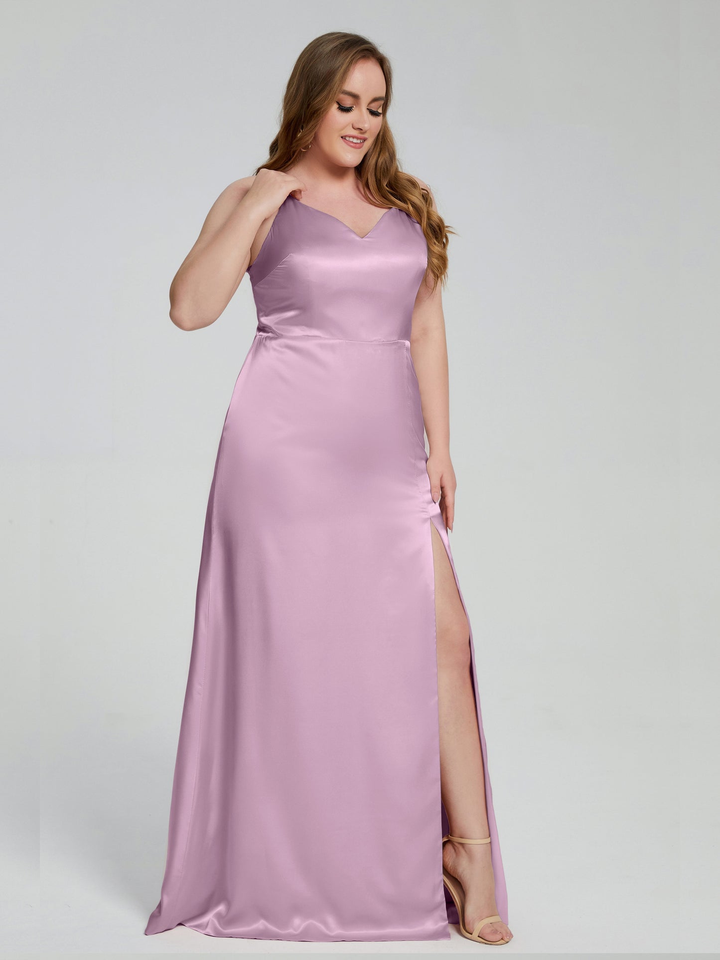 Adelyn Split Plus Size Soft Satin Long Bridesmaid Dresses
