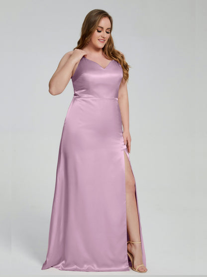 Adelyn Split Plus Size Soft Satin Long Bridesmaid Dresses