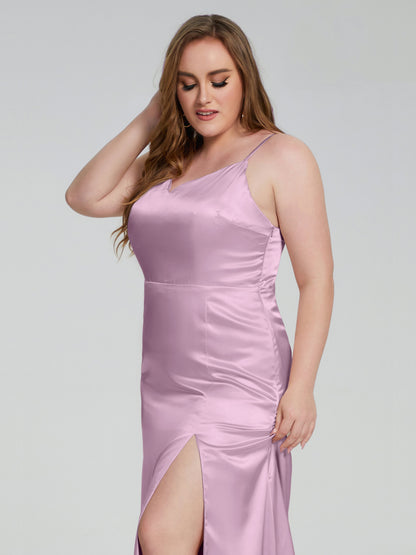 Adelyn Split Plus Size Soft Satin Long Bridesmaid Dresses