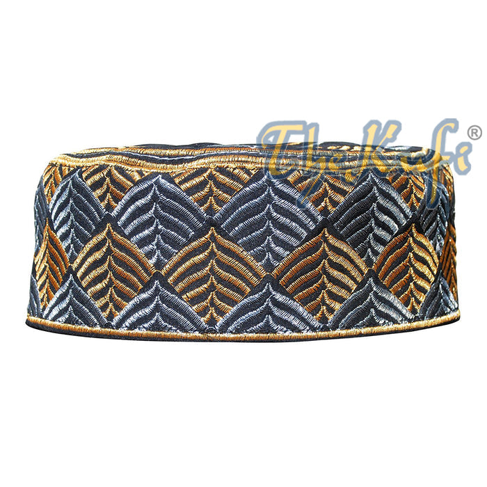 African Kufi Hat - Black with Gold and Silver Leaf Semi-Rigid Design
