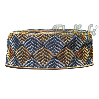 African Kufi Hat - Black with Gold and Silver Leaf Semi-Rigid Design