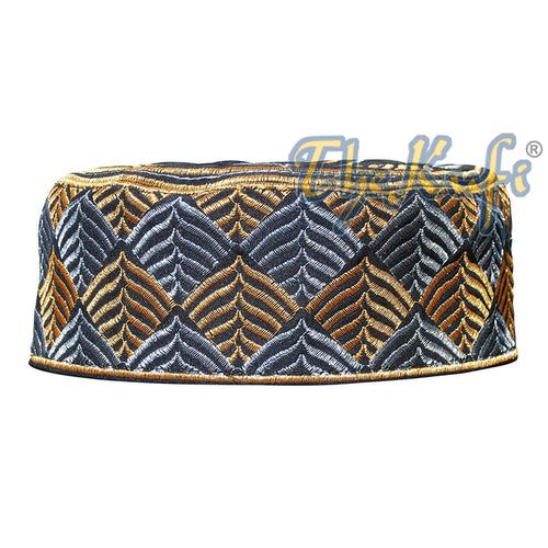 African Kufi Hat - Black with Gold and Silver Leaf Semi-Rigid Design