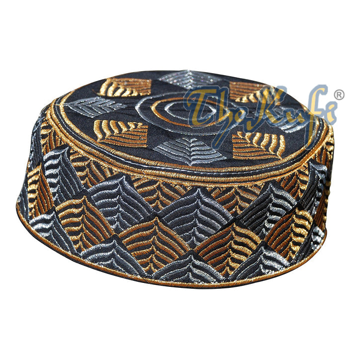 African Kufi Hat - Black with Gold and Silver Leaf Semi-Rigid Design