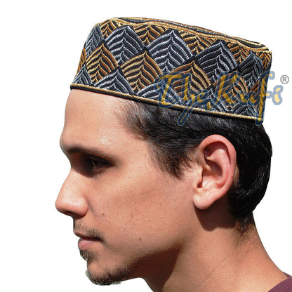 African Kufi Hat - Black with Gold and Silver Leaf Semi-Rigid Design