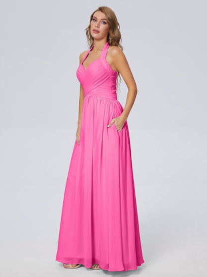 Amaya Pretty Halter Chiffon Long Bridesmaid Dresses