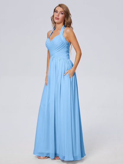 Amaya Pretty Halter Chiffon Long Bridesmaid Dresses