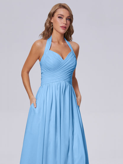 Amaya Pretty Halter Chiffon Long Bridesmaid Dresses