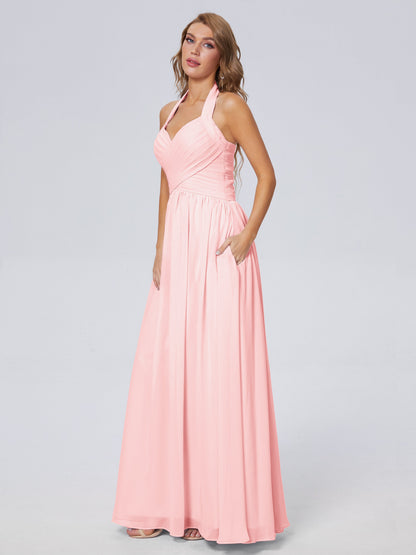 Amaya Pretty Halter Chiffon Long Bridesmaid Dresses