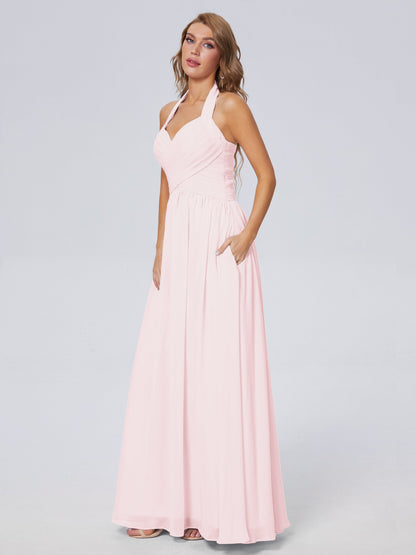 Amaya Pretty Halter Chiffon Long Bridesmaid Dresses
