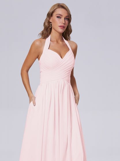 Amaya Pretty Halter Chiffon Long Bridesmaid Dresses