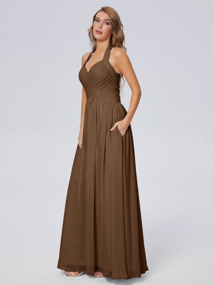 Amaya Pretty Halter Chiffon Long Bridesmaid Dresses