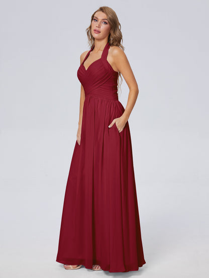Amaya Pretty Halter Chiffon Long Bridesmaid Dresses